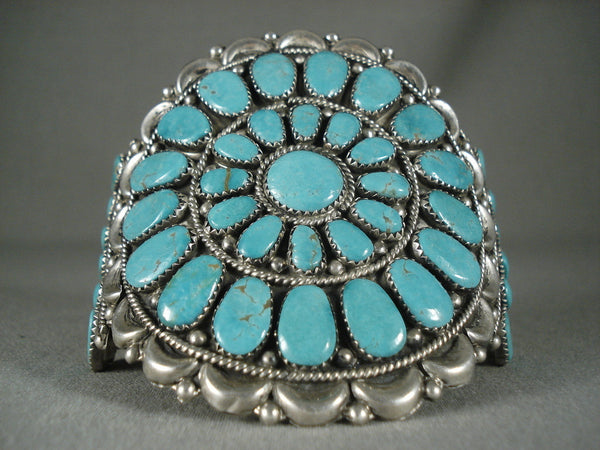 Huge Vintage Navajo 'Fat Turquoise' Wave Silver Bracelet Old