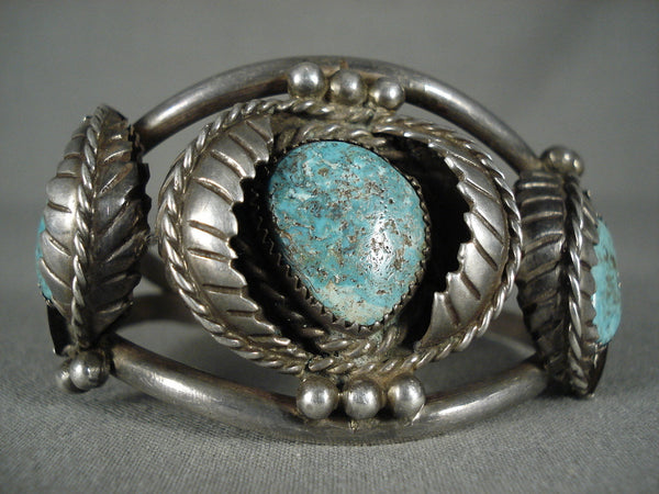 Quality Vintage Navajo 'Leaves Galore' Turquoise Silver Bracelet