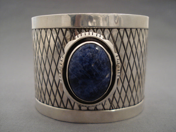 Mind Blowing 'Cross Pattern' Domed Lapis Silver Bracelet