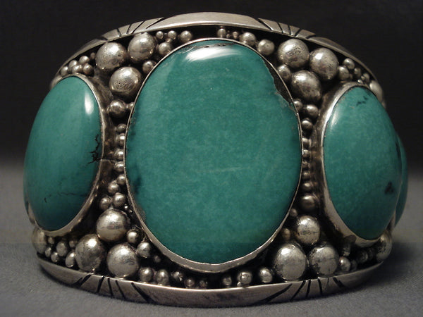 Incredibly Wide Vintage Navajo Green Turquoise Silver Bracelet