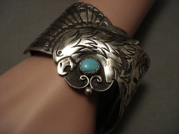 Huge And Heavy Old Navajo Eagle Turquoise Silver Bracelet