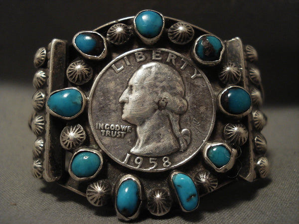 Museum Vintage Navajo 'Natural Bisbee Turquoise' Coin Silver Bracelet