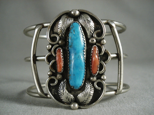 Museum Vintage Navajo 'Skinny Turquoise' Coral Silver Bracelet Old