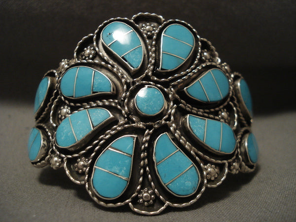 Huge Modernistic Zuni 'Turquoise Swirl' Sterling Silver Bracelet