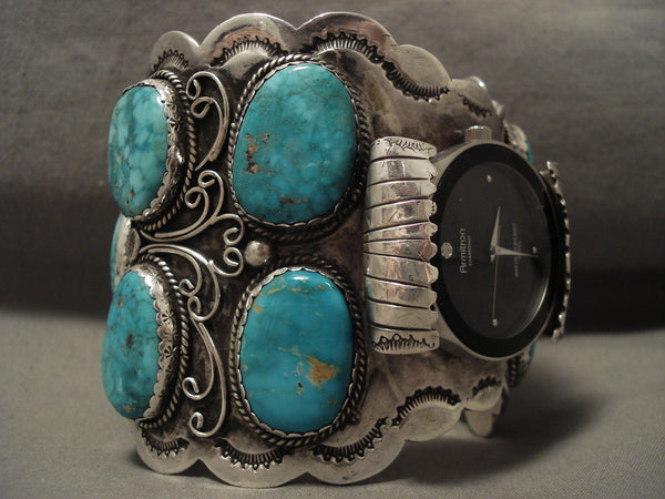 One Of The Biggest And Best Ever Vintage Navajo Watch Turquoise Silver Bracelet