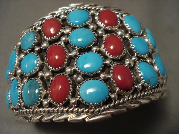 Huge Vintage Navajo 'Domed Turquoise Domed Coral' Sterling Silver Bracelet