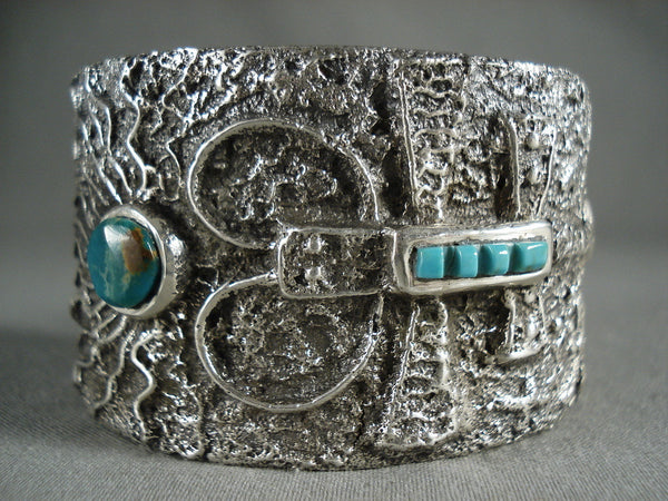 Intense And Advanced Modernistic Navajo Yei Turquoise Silver Tufa Bracelet