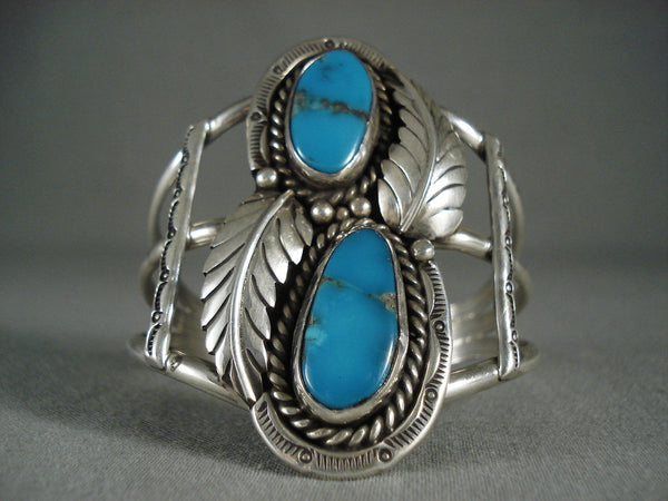 Quality Old Vintage Navajo Blue Gem Turquoise Silver Leaves Bracelet