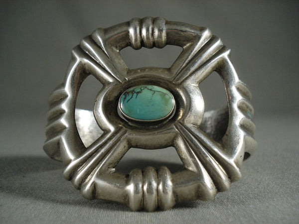 Heavy 'X Marks The Spot' Vintage Navajo Green Spider Turquoise Silver Bracelet