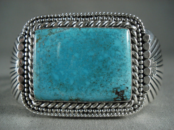 Intense Dotted Turquoise Vintage Navajo 'Squared' Silver Bracelet