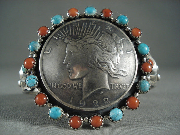 Huge 1922 Coin Vintage Navajo Snake Eyes Coral Turquoise Silver Bracelet