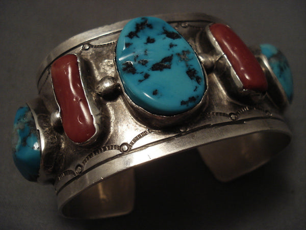 Mammoth Vintage Navajo Turquoise Coral Silver Bracelet