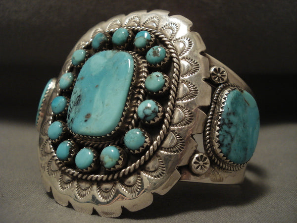 Huge Vintage Navajo Turquoise Sun Silver Bracelet