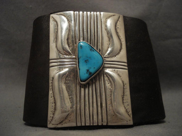 Huge Vintage Navajo Repoussed Silver Turquoise Ketoh Bracelet