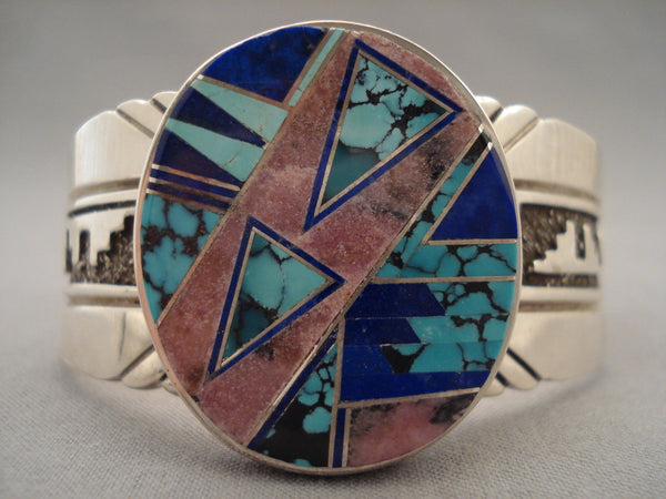 Intense And Extreme Inlay Vintage Navajo Turquoise Silver Bracelet