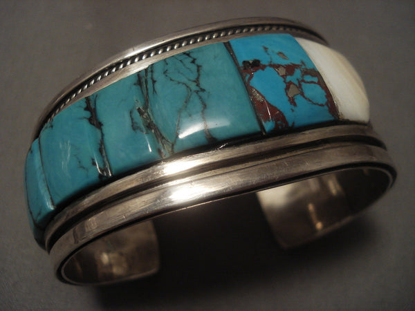 Important Vintage Santo Domingo Turquoise Row Silver Bracelet Old