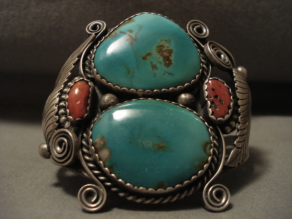 Museum Quality Vintage Navajo Green Turquoise Silver Applique Bracelet Old