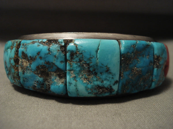 Museum Vintage Navajo 'Squared Turquoise' Coral Silver Bracelet Loloma Style