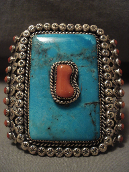 Museum Quality Opulent Vintage Navajo Turquoise Coral Silver Bracelet Old