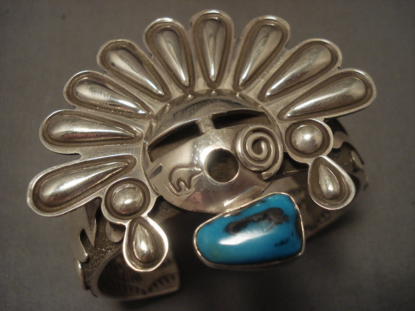 Huge Vintage Navajo Kachina Bisbee Turquoise Silver Bracelet Old Vtg Cuff