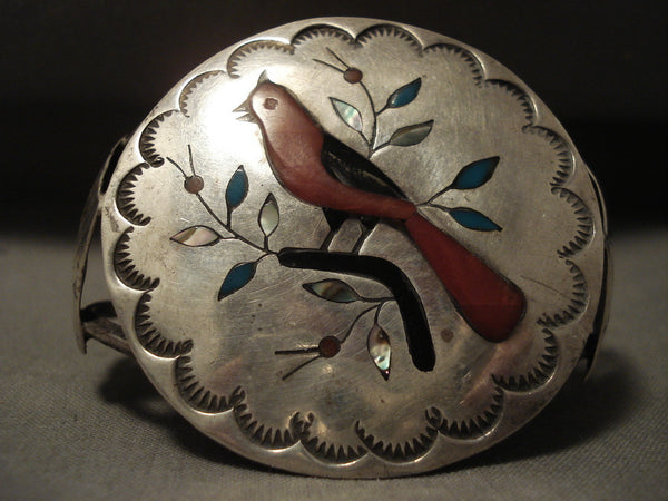 Huge Vintage Navajo Cardinal And Branch Silver Coral Bracelet Old