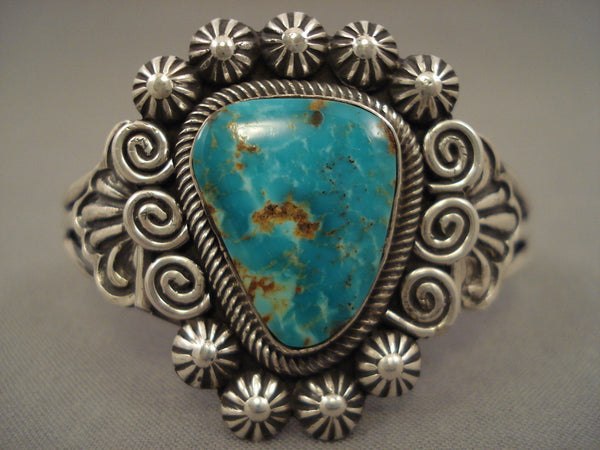 Quality Vintage Navajo Swirls Galore Blue Royston Turquoise Silver Bracelet
