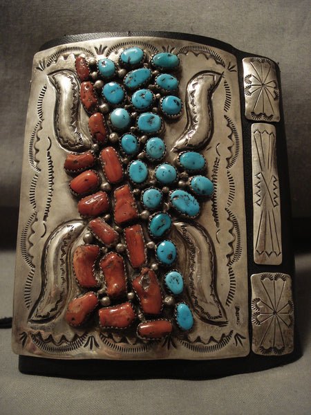 Mammoth Vintage Navajo Turquoise Coral Silver Ketoh Bracelet Old Antique