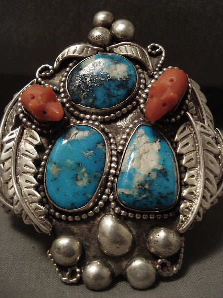 Museum Vintage Navajo 'Pig Fetish Coral' Turquoise Silver Bracelet Old