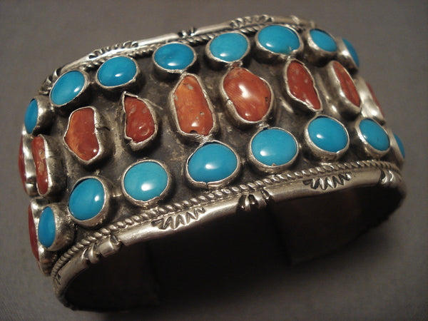Museum Vintage Old Turquoise Coral Silver Bracelet Olg Vtg Sterling