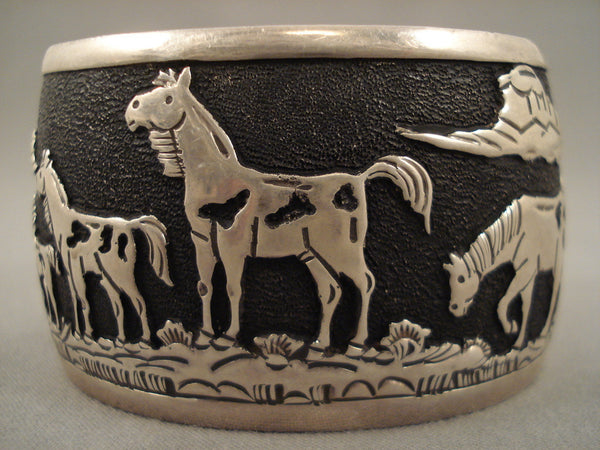 Intricate Wide Vintage Navajo 'Peaceful Horses' Silver Bracelet Old