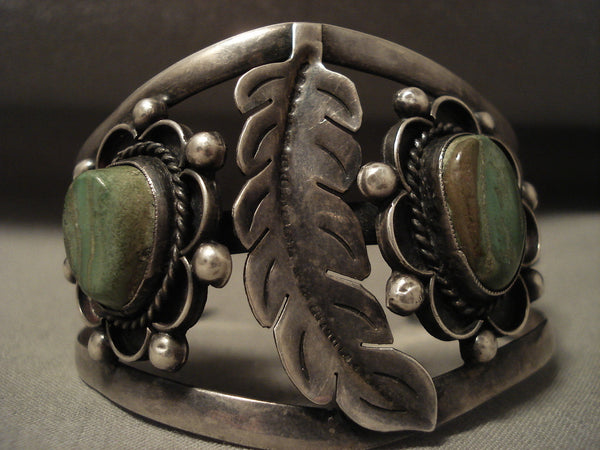 Huge Vintage Navajo Leaf And Green Turquoise Silver Bracelet Old