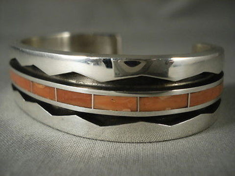 IMPORTANT MODERNISTIC ZUNI CORAL SILVER WAVE 94 GRAM BRACELET