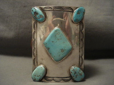 ONE OF THE LARGEST VINTAGE NAVAJO EASTER BLUE TURQUOISE SILVER KETOH BRACELET