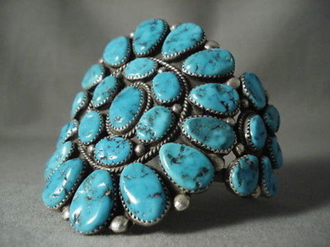 BIG BIG BIG OLD VINTAGE NAVAJO ""TURQUOISE CHUNK"" SILVER BRACELET