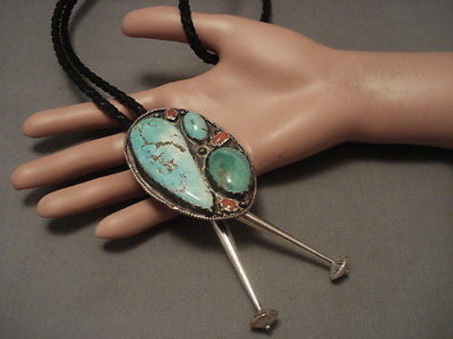 BIG BIG BIG VINTAGE NAVAJO LIGHT GREEN TURQUOISE SILVER BOLO TIE OLD VTG