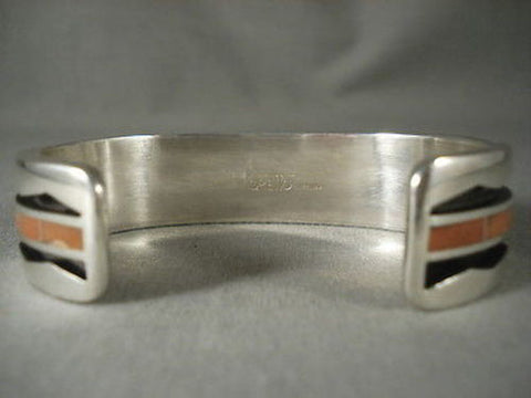 IMPORTANT MODERNISTIC ZUNI CORAL SILVER WAVE 94 GRAM BRACELET