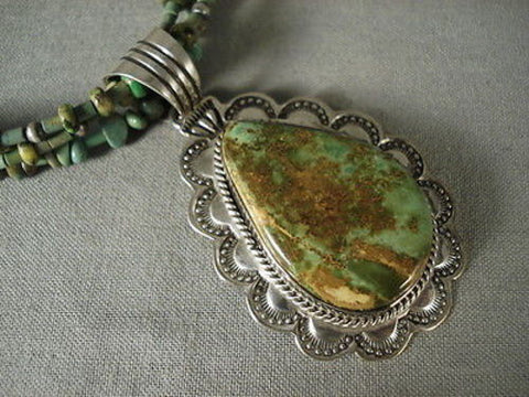 HIGH GRADE VINTAGE NAVAJO SAN FELIPE GREEN TURQUOISE SILVER NECKLACE