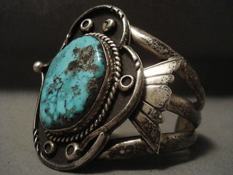 EARLIER 1900'S VINTAGE NAVAJO CROW SPRINGS TURQUOISE SILVER BRACELET OLD