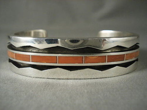IMPORTANT MODERNISTIC ZUNI CORAL SILVER WAVE 94 GRAM BRACELET