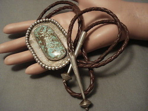 BIG BIG BIG VINTAGE NAVAJO ""NATURAL NEVADA GREEN TURQUOISE"" SILVER BOLO TIE