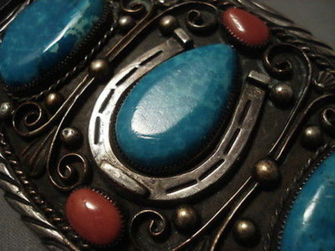 HEAVY HEAVY VINTAGE NAVAJO TURQUOISE SILVER CONCHO BELT OLD