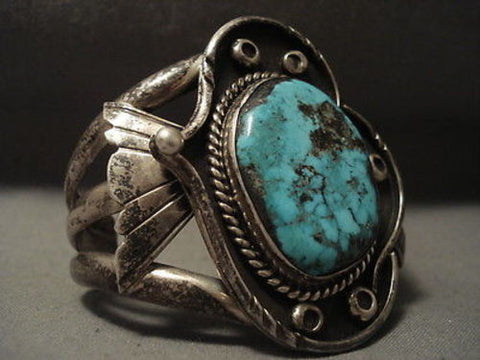 EARLIER 1900'S VINTAGE NAVAJO CROW SPRINGS TURQUOISE SILVER BRACELET OLD