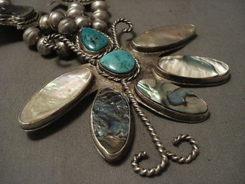 ONE OF THE MOST UNIQUE VINTAGE NAVAJO TURQUOISE SILVER SQUASH BLOSSOM NECKLACE