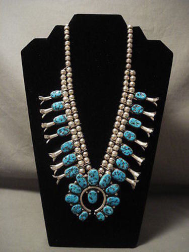 PRIVATE LAYAWAY-  VIVID BLUE VINTAGE NAVAJO TURQUOISE SQUASH BLOSOM NECKLACE