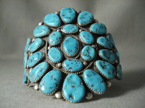 BIG BIG BIG OLD VINTAGE NAVAJO ""TURQUOISE CHUNK"" SILVER BRACELET