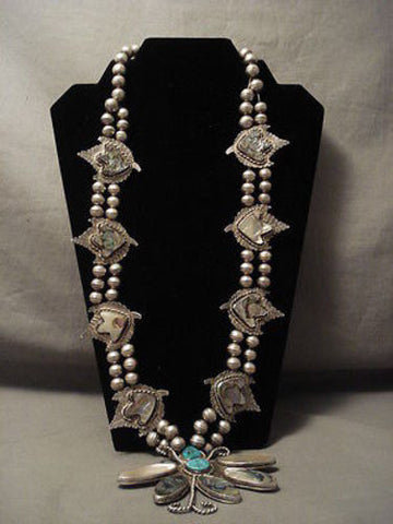 ONE OF THE MOST UNIQUE VINTAGE NAVAJO TURQUOISE SILVER SQUASH BLOSSOM NECKLACE