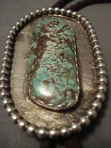 BIG BIG BIG VINTAGE NAVAJO ""NATURAL NEVADA GREEN TURQUOISE"" SILVER BOLO TIE