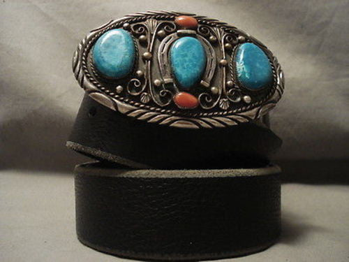 HEAVY HEAVY VINTAGE NAVAJO TURQUOISE SILVER CONCHO BELT OLD