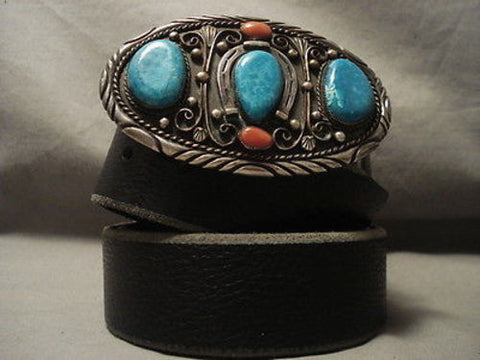 HEAVY HEAVY VINTAGE NAVAJO TURQUOISE SILVER CONCHO BELT OLD