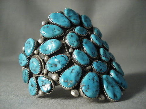 BIG BIG BIG OLD VINTAGE NAVAJO ""TURQUOISE CHUNK"" SILVER BRACELET